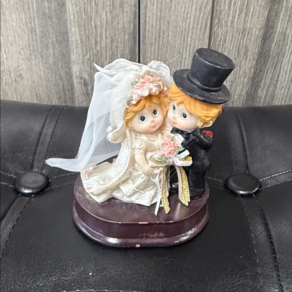 Vintage Bride & Groom Cake Topper on Base Resin & Wood Collectible Figurine
